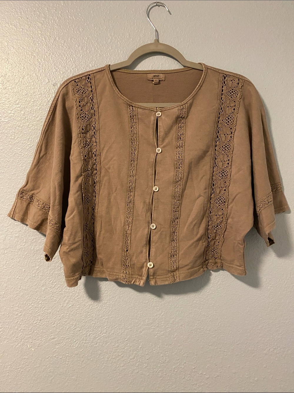 aerie Crochet-Trim Button Down Top in Brown